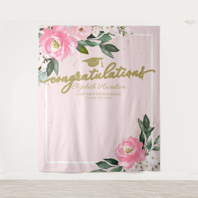 Hot Pink Floral Graduation Party Photo Backdrop Tapestry (Front)