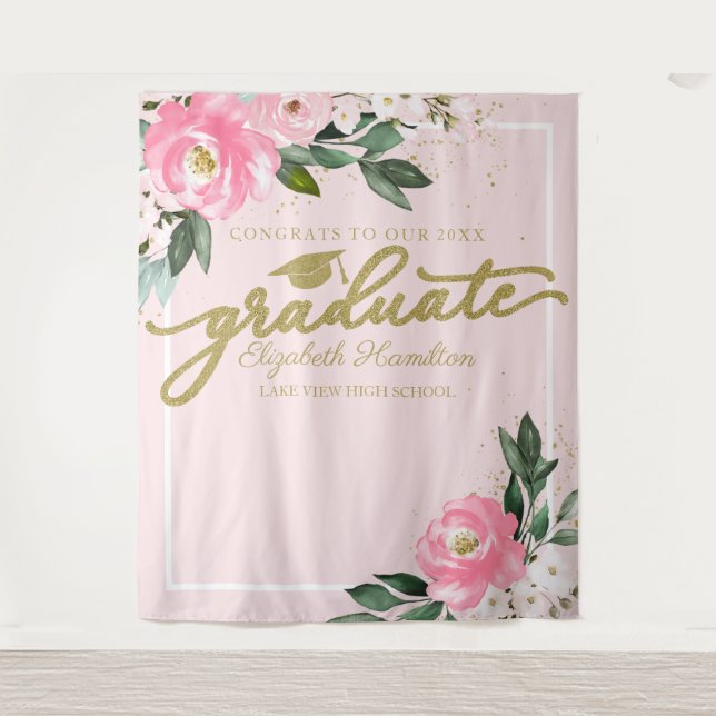Hot Pink Floral Graduation Party Photo Backdrop Tapestry (Front)