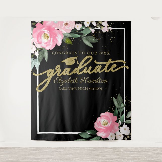 Hot Pink Floral Graduation Party Photo Backdrop Tapestry (Front)