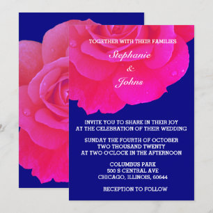 Hot Pink Floral Navy Blue Rose Flower Wedding Invitation