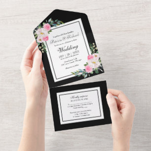 Hot Pink Floral On Black Elegant Wedding All In One Invitation