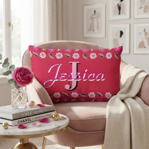 Hot Pink Floral Pattern Personalized Monogram Lumbar Cushion