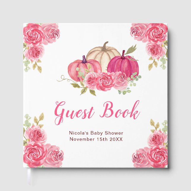 Hot Pink Floral Pumpkins Baby Shower Guest Book (Front)