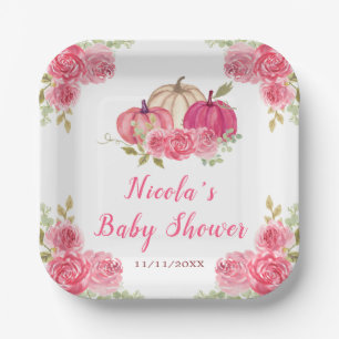 Hot Pink Floral Pumpkins Baby Shower Paper Plate