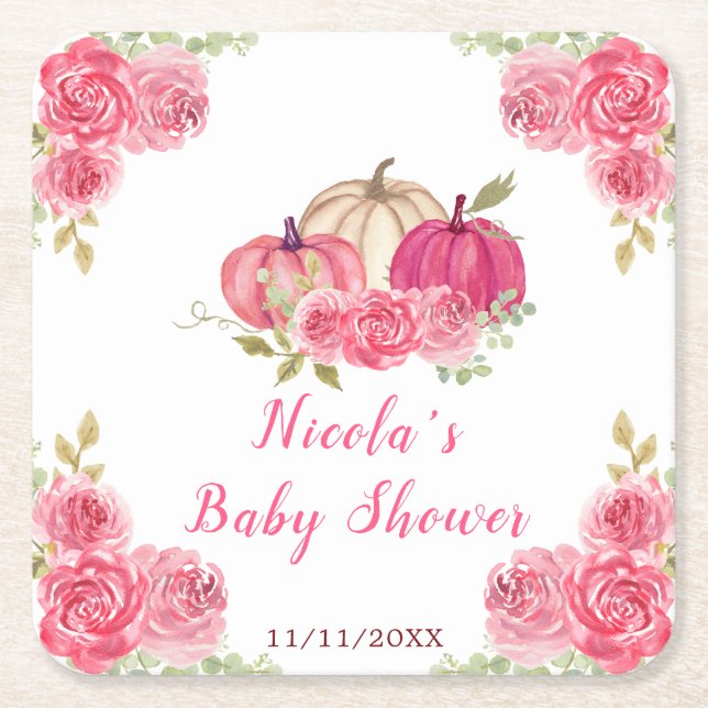 Hot Pink Floral Pumpkins Baby Shower Square Paper Coaster (Front)
