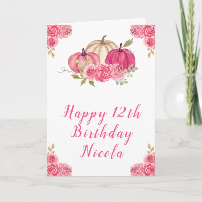 Hot Pink Floral Pumpkins Birthday Card (Front)