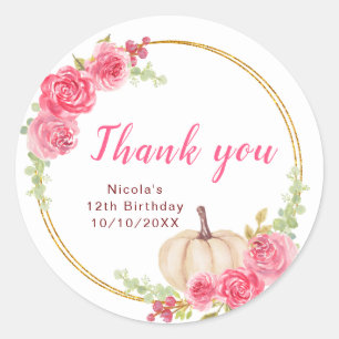 Hot Pink Floral Pumpkins Birthday Classic Round Sticker