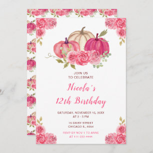 Hot Pink Floral Pumpkins Birthday Invitation