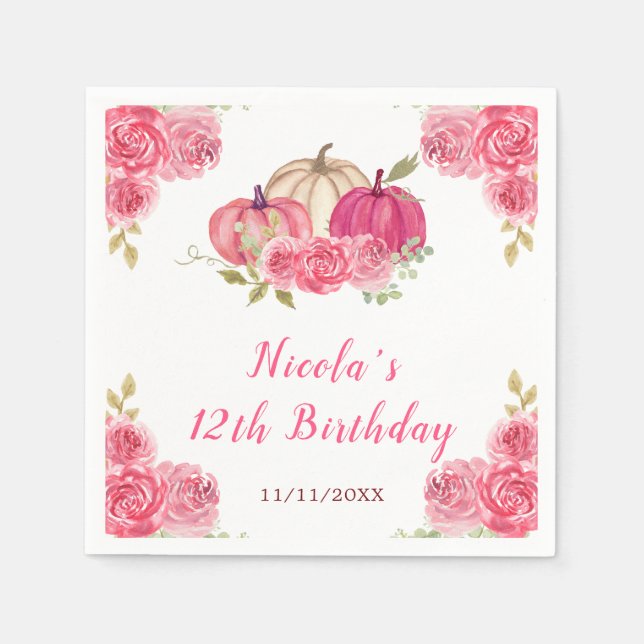 Hot Pink Floral Pumpkins Birthday Napkin (Front)
