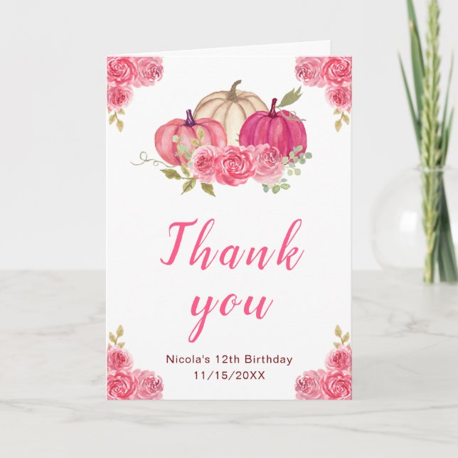 Hot Pink Floral Pumpkins Birthday Thank You Card (Front)