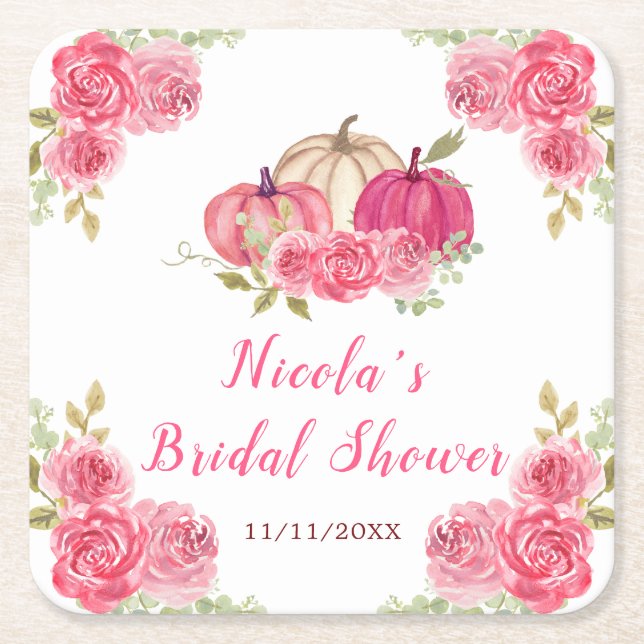 Hot Pink Floral Pumpkins Bridal Shower Square Paper Coaster (Front)