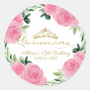 Hot Pink Floral Quinceanera  Classic Round Sticker