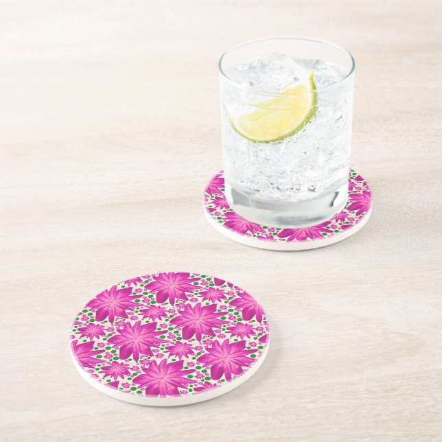 Hot Pink Floral Seamless Pattern Coaster (Side)