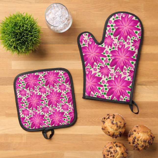 Hot pink floral seamless pattern  oven mitt & pot holder set (Top Down)