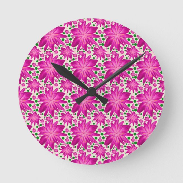 Hot Pink Floral Seamless Pattern  Round Clock (Front)