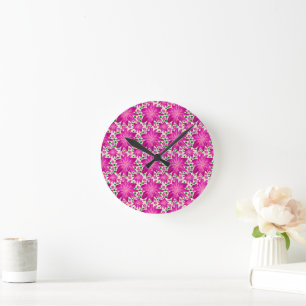 Hot Pink Floral Seamless Pattern Round Clock