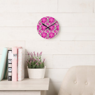 Hot Pink Floral Seamless Pattern Round Clock