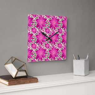 Hot Pink Floral Seamless Pattern Square Wall Clock