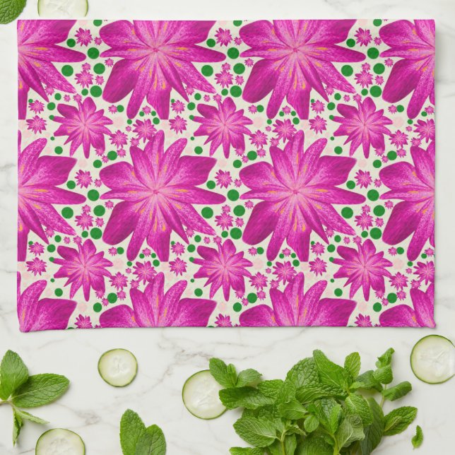 Hot Pink Floral Seamless Pattern  Tea Towel (Folded)