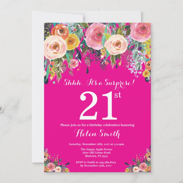 Hot Pink Floral Surprise 21st Birthday Invitation (Front)