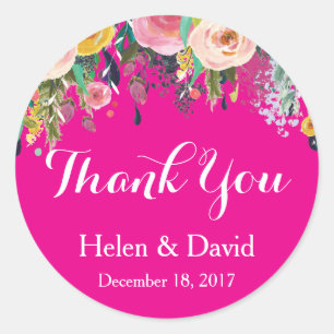 Hot Pink Floral Thank You Wedding Favour Stickers