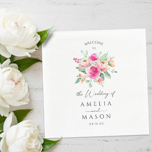 Hot Pink Floral Watercolor Wedding Napkin