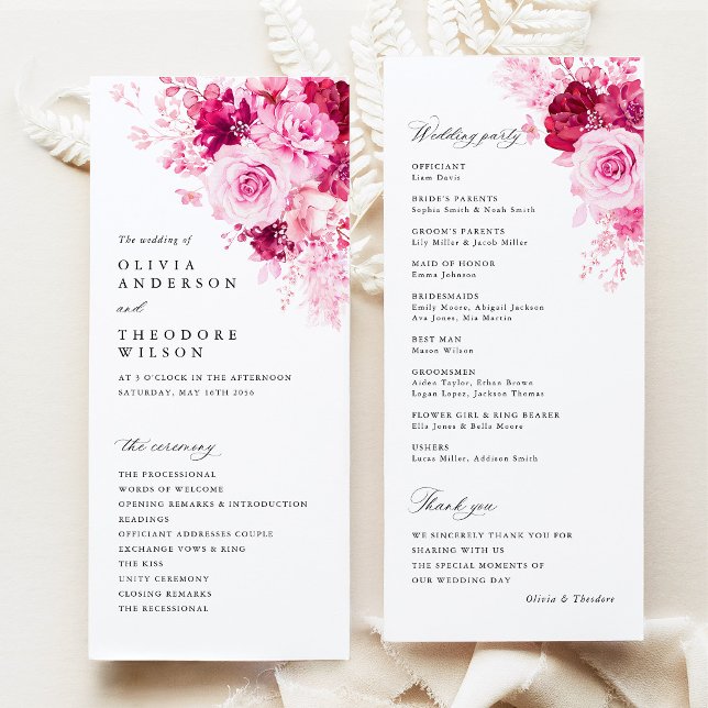 Hot Pink Floral Wedding Ceremony Program (Hot Pink Floral Wedding Program, Elegant Garden Ceremony Program Wedding Party Order of Service Card)
