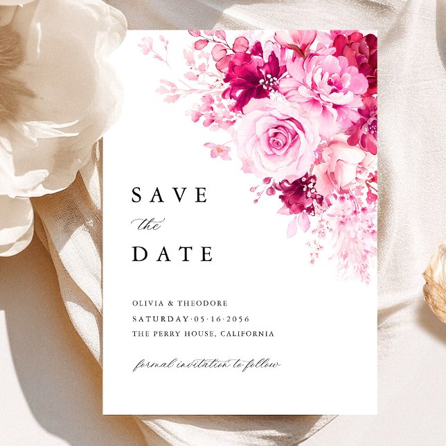 Hot Pink Floral Wedding Save The Date (Hot Pink Floral Save the Date Card, Fuchsia Rose Wedding Announcement Card, Elegant Garden Wedding)