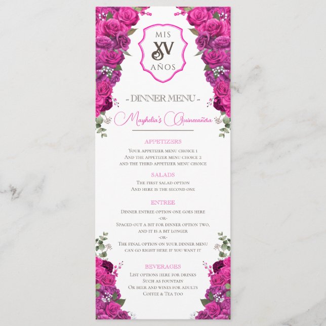 Hot Pink Floral Western Charro Quinceañera Party Menu (Front)