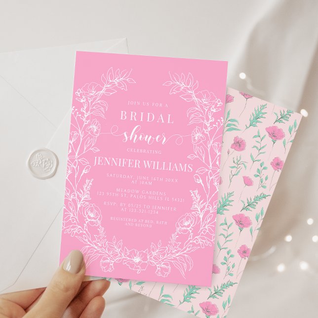 Hot pink floral wreath elegant boho bridal shower invitation (Creator Uploaded)