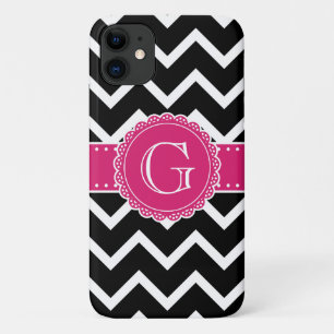 Hot Pink Flower Monogram Black Chevron iPhone 11 Case