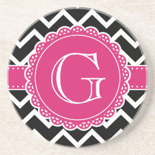 Hot Pink Flower Monogram Black Chevron Coaster