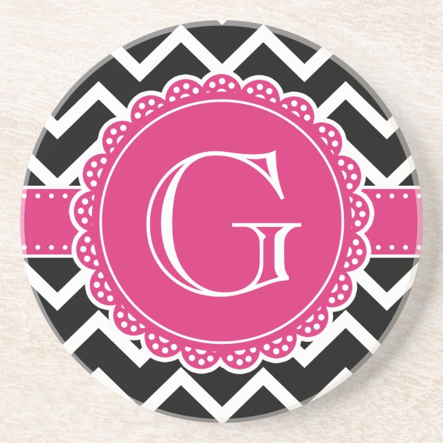 Hot Pink Flower Monogram Black Chevron Coaster (Front)