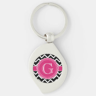 Hot Pink Flower Monogram Black Chevron Key Ring