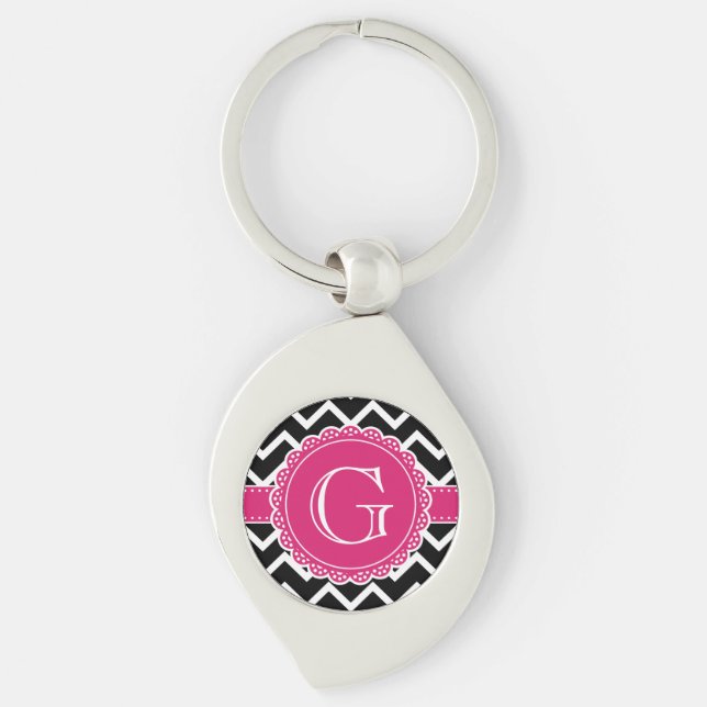 Hot Pink Flower Monogram Black Chevron Key Ring (Front)
