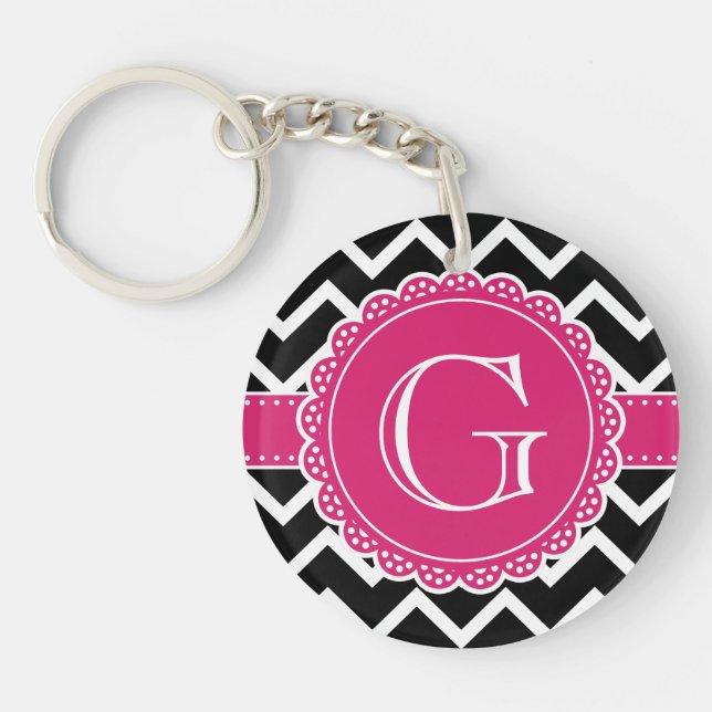 Hot Pink Flower Monogram Black Chevron Key Ring (Front)