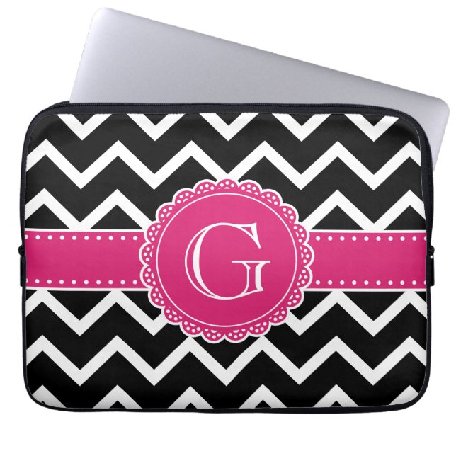 Hot Pink Flower Monogram Black Chevron Laptop Sleeve (Front)