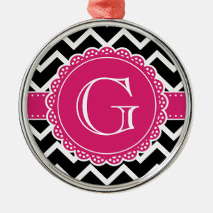 Hot Pink Flower Monogram Black Chevron Metal Ornament