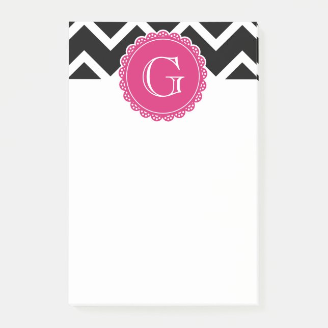 Hot Pink Flower Monogram Black Chevron Post-it Notes (Front)