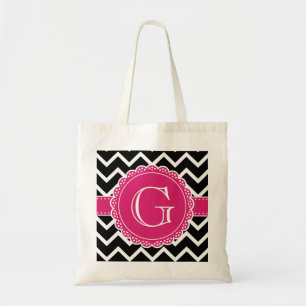 Hot Pink Flower Monogram Black Chevron Tote Bag