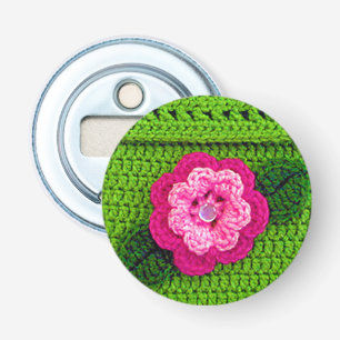 Hot Pink Flower Nature Green Unique Crochet Print Bottle Opener