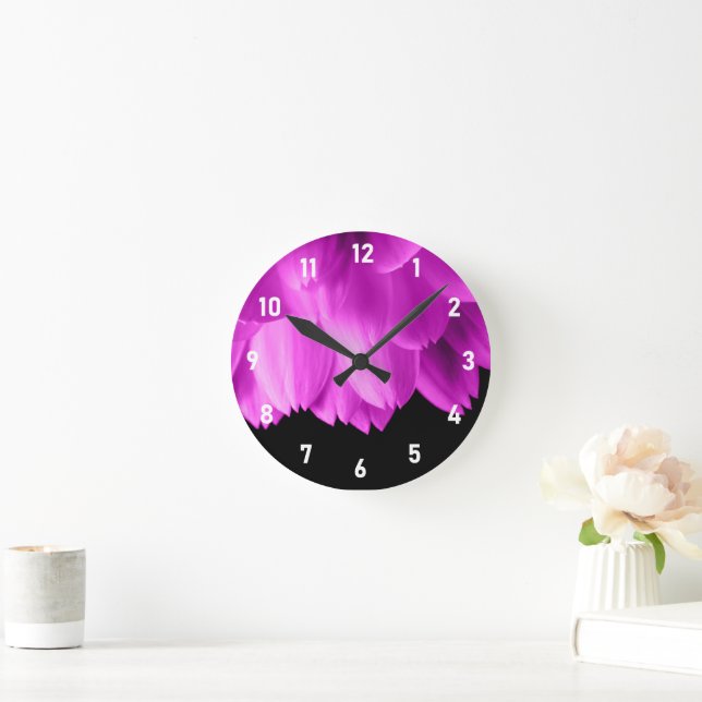 Hot pink flower petals on black round clock (Home)