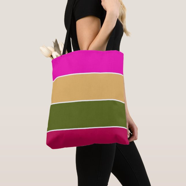 Hot Pink Flower Stripes Tote Bag (Close Up)