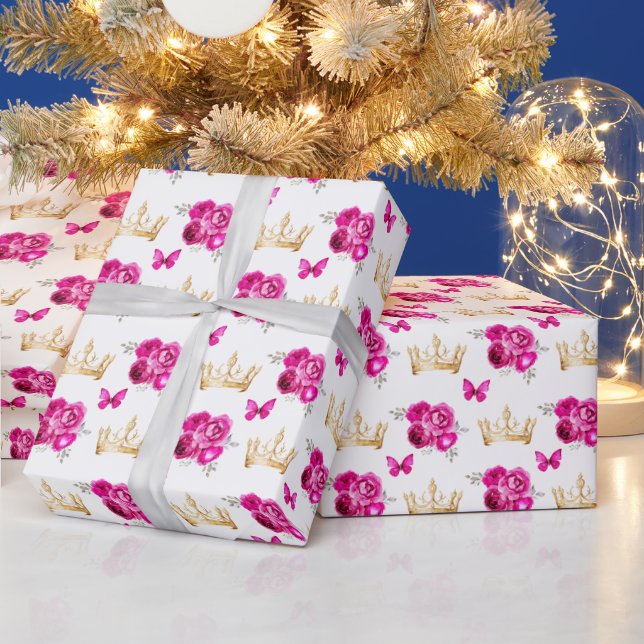 Hot Pink Flowers and Gold Crowns Wrapping Paper (Holidays)