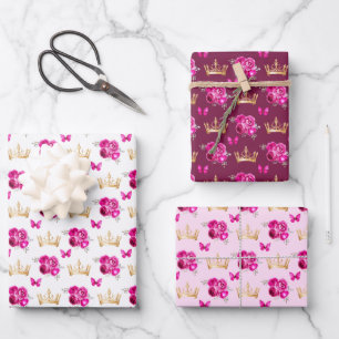Hot Pink Flowers and Gold Crowns Wrapping Paper Sheet