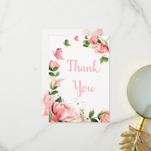 hot pink flowers butterflies wedding thank you card
