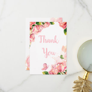 hot pink flowers butterflies wedding thank you card