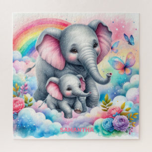 Hot pink flowers cute baby elephant and mummy jigsaw puzzle