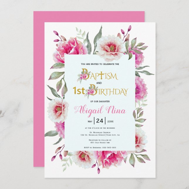 Hot pink flowers girl baptism and 1st birthday invitation (Front/Back)