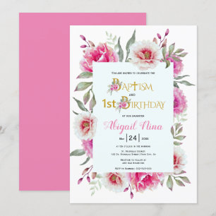 Hot pink flowers girl baptism and 1st birthday invitation